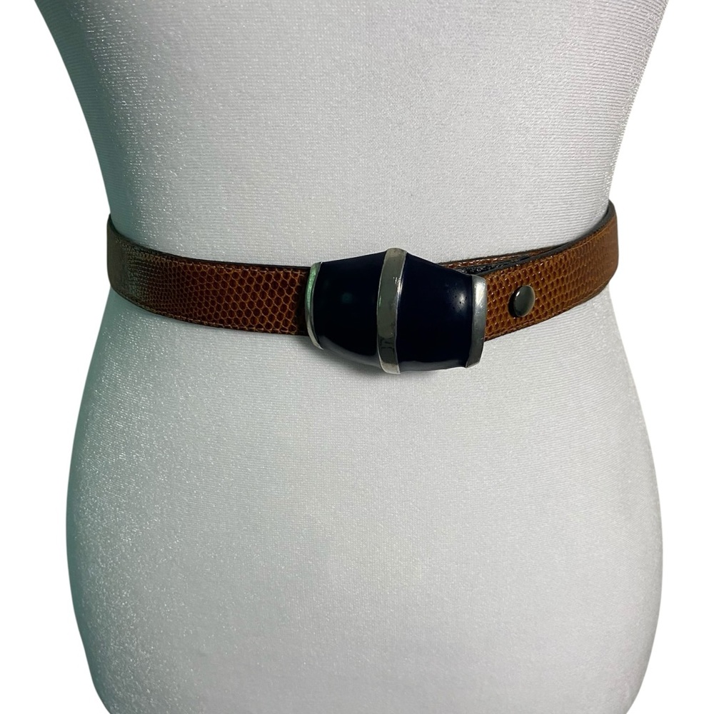 Vintage 80’s ROBIN KAHN Genuine Lizard Leather Belt Silver/Dark Navy Blue Buckle